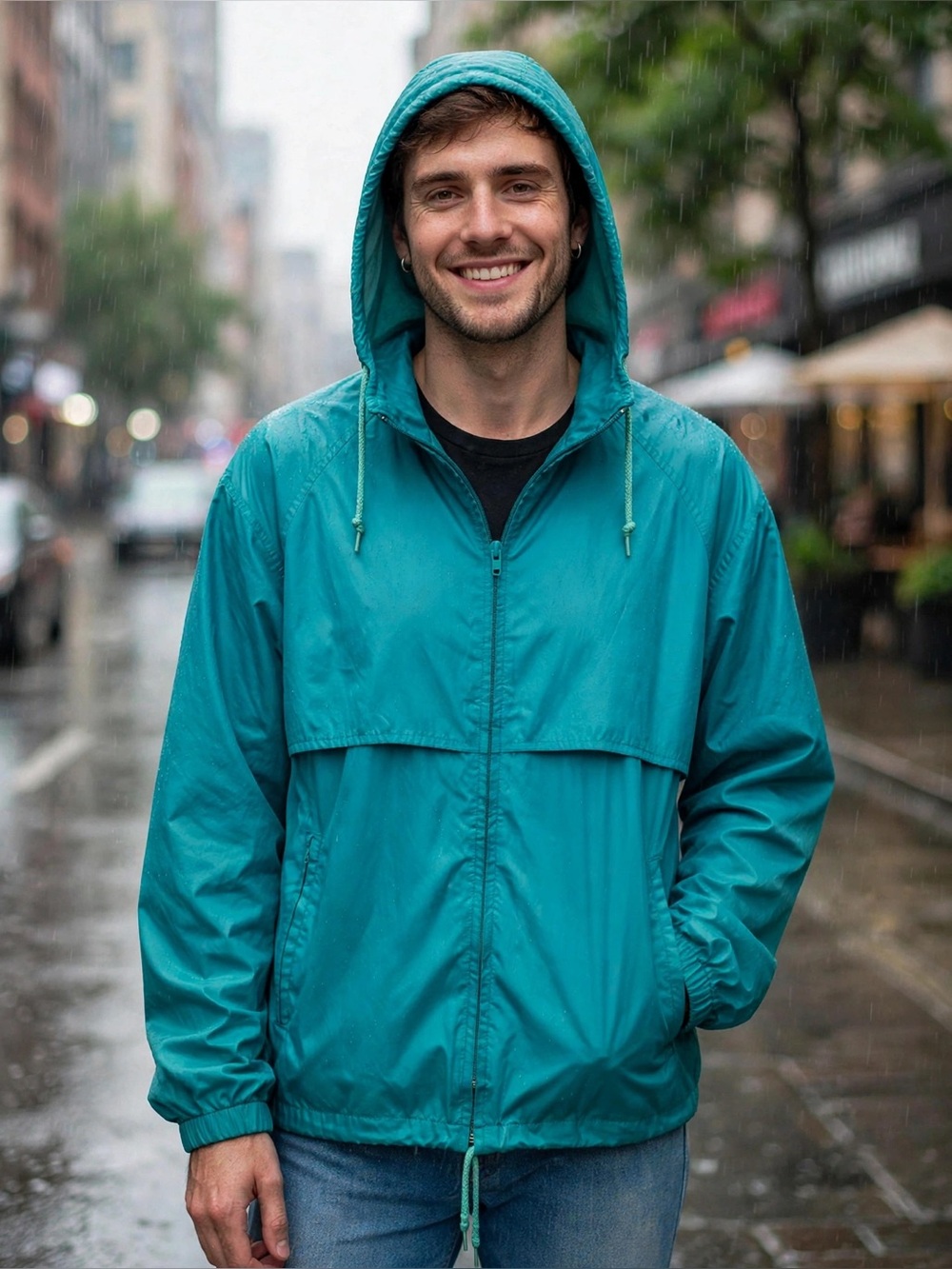 Men’s Teal Hooded Windbreaker/Rain Jacket with collapsible hood.